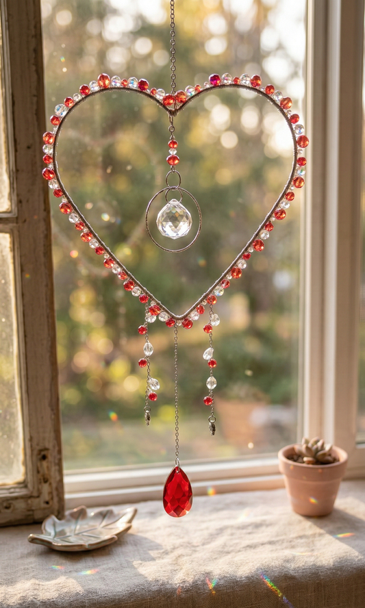 6" Red and White Heart Suncatcher